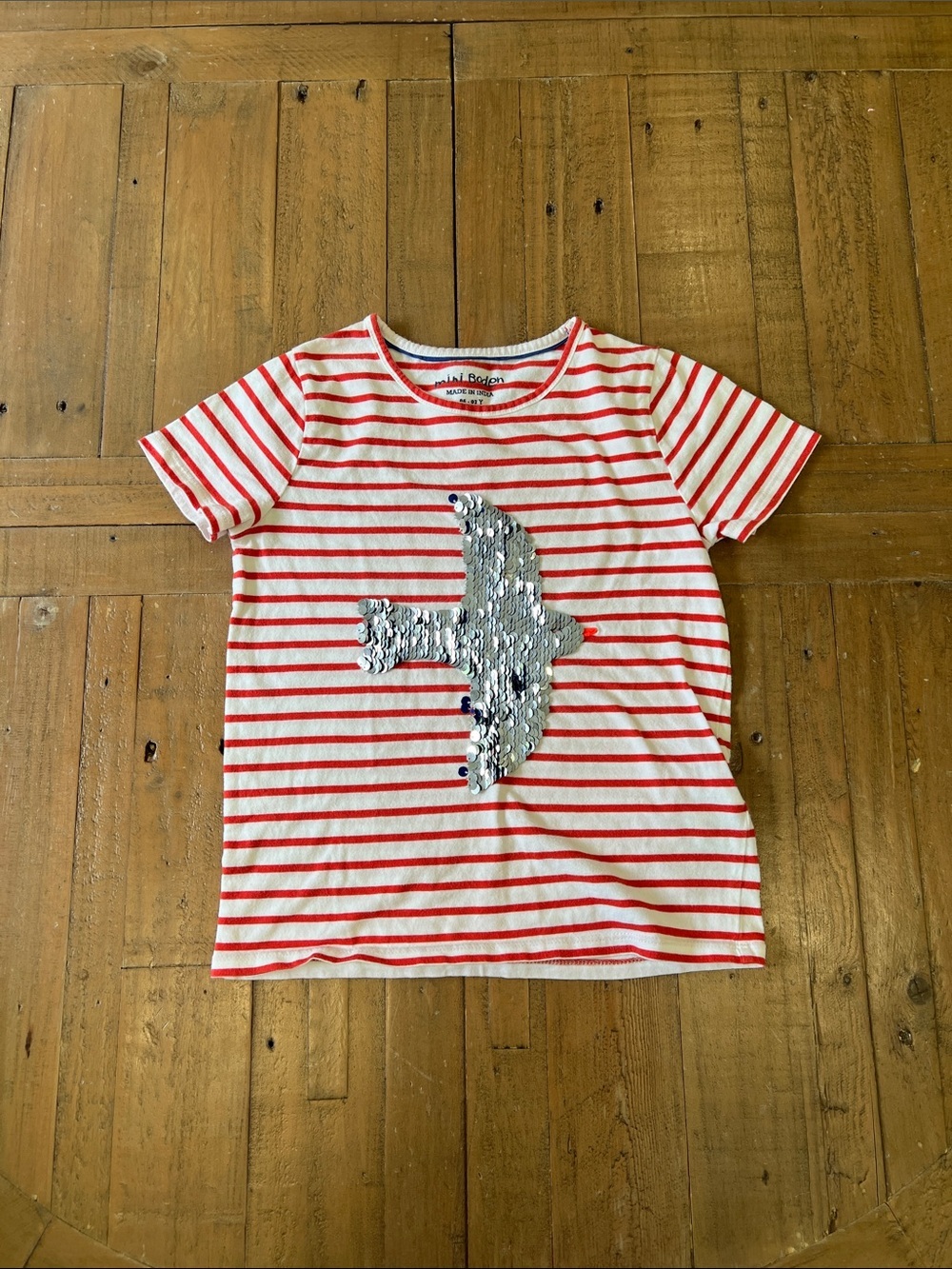 Mini Boden red striped flip sequin bird short sleeve tee shirt 6-7 years
